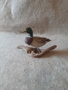 Vintage Carved Wood Miniature Mallard Duck Decoy on Driftwood Base Signed OF Hef - Picture 1 of 17