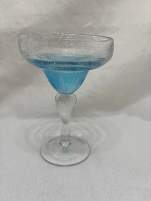 Artland HandBlown Glass Style Blue Clear Bubble Margarita Glass 7.5" Tall - Image 1 of 4