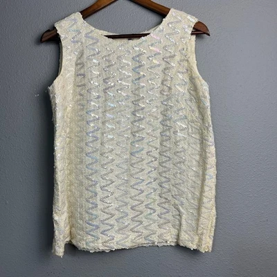 Vintage 60s Sequin Shell Top Cream Zigzag Sleeveless Blouse Back Zip Lined Sz Lg - Image 1 of 4