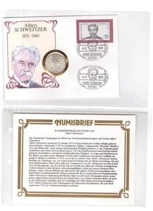 BRD Numisbrief 1990 mit 5 DM Münze 625er Silber Albert Schweitzer 1875-1965 - Bild 1 von 1