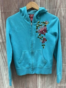 Vintage Lucky Brand Hoodie Y2K Zip Türkis Blumenstickerei Damen Gr. M RAR - Bild 1 von 7