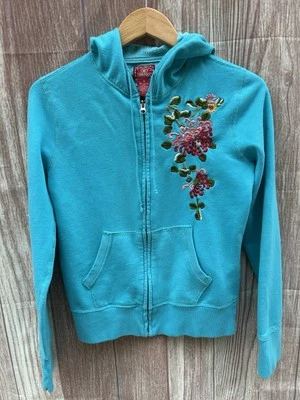 Vintage Lucky Brand Hoodie Y2K Zip Turquoise Floral Embroidery Womens Sz M RARE - Image 1 of 4