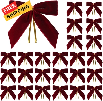 24 Pcs Burgundy Small Velvet Christmas Bows for Tree,  - Image 1 of 4