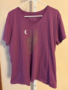 Life Is Good Eule Damen lila fuchsia V-Ausschnitt Grafik T-Shirt XL Logo Eule Mond - Bild 1 von 13