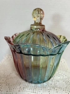 SOGA "Alexandria” Rainbow Vtg. Clear Japan Ribbed Glass Lidded Candy Jar/Dish - Picture 1 of 10