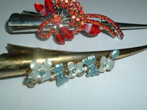 2 RED AND BLUE RHINESTONE FLORAL BANANA HAIR CLIPS