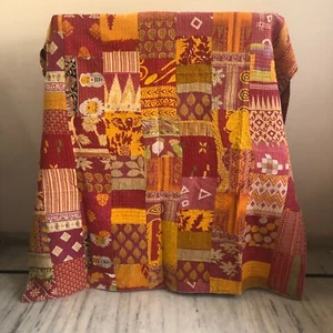 Twin Kantha Quilt Bedspread Vintage Patchwork Cotton Multicoloured Gypsy Blanket - Picture 1 of 3