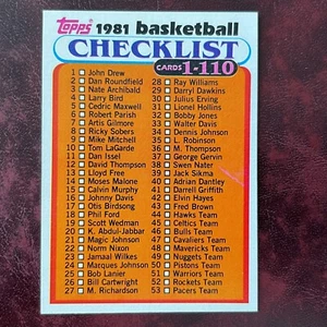 1981-82 Topps Set NBA LISTA DE VERIFICACIÓN 1-110 #W97 SIN MARCAR CASI NUEVO/COMO NUEVO + ALTO GRADO* VENTA - Imagen 1 de 2