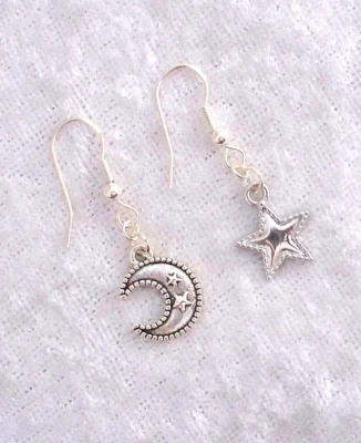 Tibetan Silver Star & Moon Odd 925 Silver Hook Earrings. Handmade In Gift Bag Foto 1 de 4