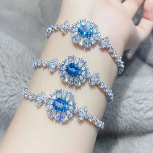 Women Party Jewelry Sky Blue Topaz Gemstone Silver Charm Girls Silver Bracelet - Picture 1 of 7