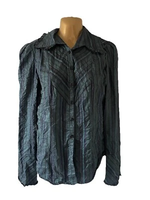Bebe Slate Blue Metallic Striped Button Ruffle Blouse Shirt Flare USA Made Sz M - Image 1 of 4