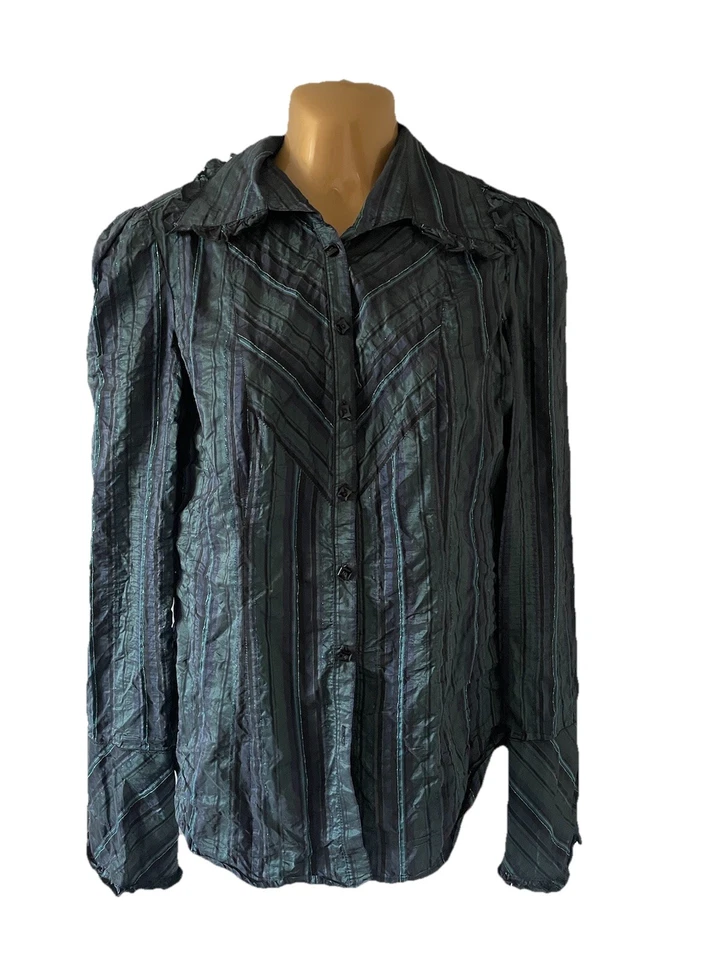 Bebe Slate Blue Metallic Striped Button Ruffle Blouse Shirt Flare USA Made Sz M - Image 1 of 4