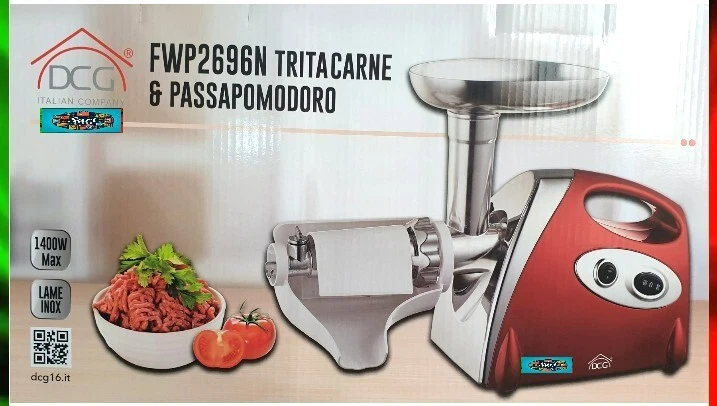 DCG Tritacarne Passapomodoro 2 in 1 Elettrico Multifunzione 1400W Lame Acciao Inox