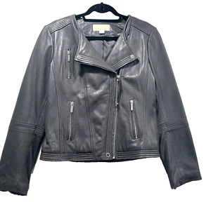 MICHAEL KORS Dark Gray Soft 100% Leather Moto Jacket Zip Details on Sleeves szL - Picture 1 of 12