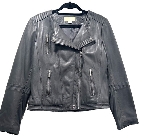 Giacca moto MICHAEL KORS grigio scuro morbida 100% pelle dettagli zip sulle maniche tgL
