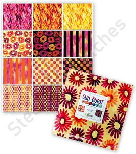 Benartex Sun Burst Flowers Dots Stripe Cotton Fabric 10" Layer Cake (42 Squares) - Picture 1 of 1