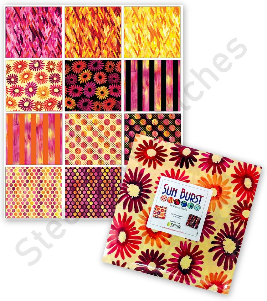 Benartex Sun Burst Flowers Dots Stripe Cotton Fabric 10" Layer Cake (42 Squares) - Image 1 of 1