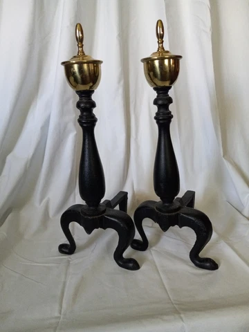 Vintage Set Of Black Metal And Brass Andirons 17" High Each One Is Numbered Cover