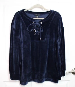 Spring + Mercer Blue Velour Grommet Lace-Up Neck Pullover Top Step Hem Size LG - Picture 1 of 4