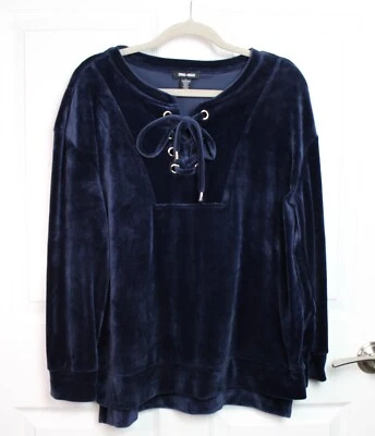 Spring + Mercer Blue Velour Grommet Lace-Up Neck Pullover Top Step Hem Size LG - Image 1 of 4