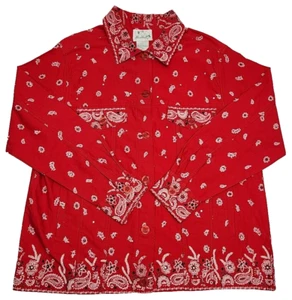 Quacker Factory Jacket Red Bandana Print Size Large Cotton Denim Style A39157 - Picture 1 of 16