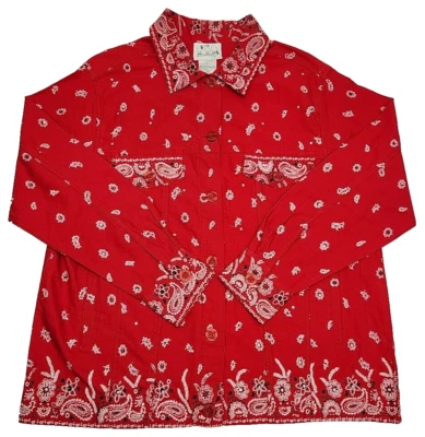 Quacker Factory Jacket Red Bandana Print Size Large Cotton Denim Style A39157 - Image 1 of 4