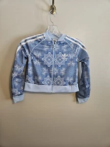  Adidas Girls Blue Floral Zip Up Floral Stripe Track Suit Jacket Size XS - Picture 1 of 5