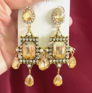 3.5” Long Champagne Crystal Evening Elegant Party Wedding Guest Earring Pageant - Picture 1 of 4