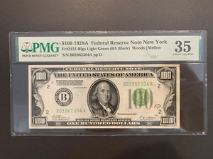 1928 A $100 FEDERAL RESERVE NOTE NEW YORK LGS LIGHT GREEN SEAL Fr 2151 PMG 35 - Picture 1 of 4