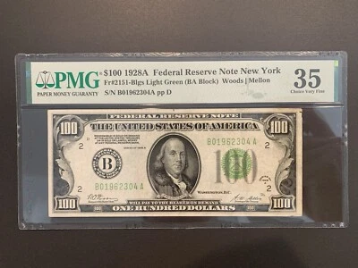1928 A $100 FEDERAL RESERVE NOTE NEW YORK LGS LIGHT GREEN SEAL Fr 2151 PMG 35 - Image 1 of 4