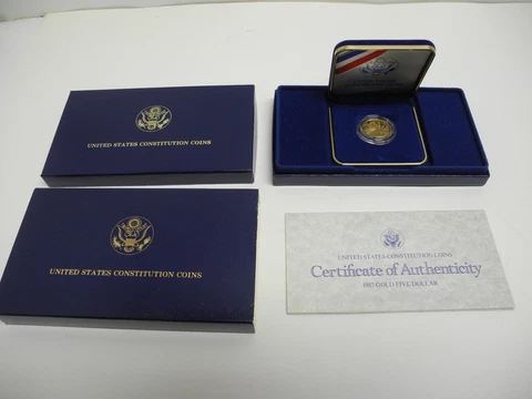 1987 United States Constitution Five Dollar Proof Gold Coin 8.36 grams Box & CoA Cover