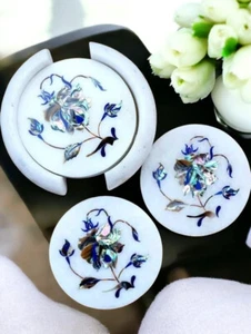 4" White Marble Coasters with Abalone Shell Floral Inlay Art Elegant Home Décors - Picture 1 of 6
