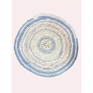 Handmade 33" Vintage Crocheted Cotton Round Rug Blues Pink Mauves White - Picture 1 of 8