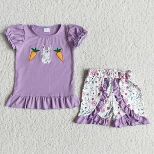 Girls' Short Sleeve Shirt Shorts Set Easter Spring Outfit Bunny Print 2pcs - Picture 1 of 1