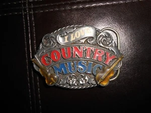 Vtg 1988 Pewter & Enamel Belt Buckle I LOVE COUNTRY MUSIC Siskiyou Buckle Co. - Picture 1 of 2