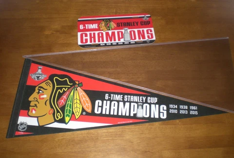 2015 BLACKHAWKS 6 TIME STANLEY CUP CHAMPIONS PENNANT & LICENSE PLATE  - NEW Cover