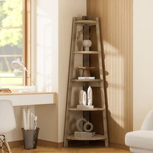 Oikiture Corner Ladder Shelf 5 Tier Home Storage Display Stand Bookshelf Natural - Picture 1 of 10