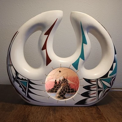 SouthWest American Lamp Light w/Howling Dog Design Hand Painted Signed by Artist - Image 1 of 4