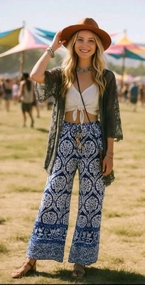 Pantalones HAUTE HIPPIE Pierna Ancha Geométricos Boho Azul/Blanco, Talla M, Nuevos con Etiquetas  Foto 1 de 4