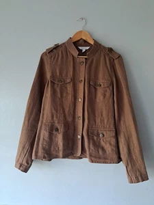 Relativity Womens Brown Linen Military Geometric Pockets Light Jacket Size Mediu - Picture 1 of 8
