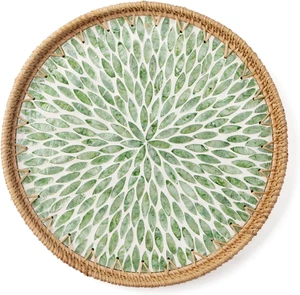 Round Rattan Tray with Mother of Pearl Inlay, Decorative Wicker Serving Tray wit - Picture 1 of 12