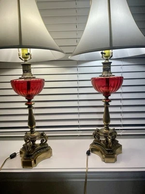 Pair of Antique Bronze Seahorse Table Lamps with Ruby Red - Image 1 of 4