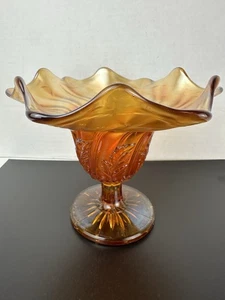 Amber Westmoreland Glass Carnival Glass Leaf Swirl Ruffled Compote - Picture 1 of 6