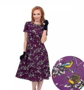 Hell Bunny XL Birdy Kleid Vogel Print Fit N Flare Pinup Rockabilly Lila Bescheiden - Bild 1 von 8