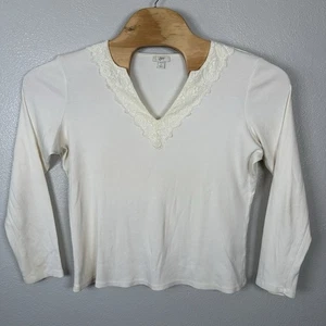 Vintage Y2K J Jill langärmliges geripptes Oberteil Damen groß elfenbeinfarben Spitzenbesatz Stretch - Bild 1 von 6