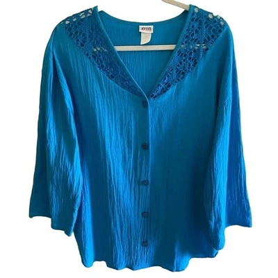 Blusa túnica de crochê estilo Avon vintage 100% algodão azul gola V com botões tamanho P - Imagem 1 de 4