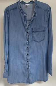 EILEEN FISHER Denim Button Down Shirt Mandarin Collar~ M~ LS tunic length - Picture 1 of 6