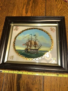Vintage USS Constitution altes Eisenseiten Schiff Ölgemälde auf Glas - Bild 1 von 22