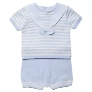 Baby Boy Knitted Outfit 0 3 6 9 Months Sailor Top Shorts Fine Knit Cotton Set - Picture 1 of 13