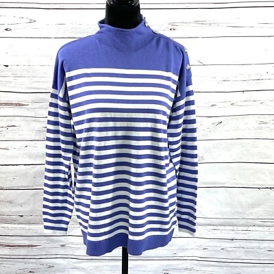 Suéter Pullover Ralph Lauren Para Mujer Azul Rayas Plateado Botón Talla M Nuevo Con Etiquetas Foto 1 de 4